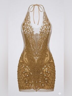 Queen Maria Gold Beaded & Crystal Halter Mini Dress – Sexy Clubwear/Festival